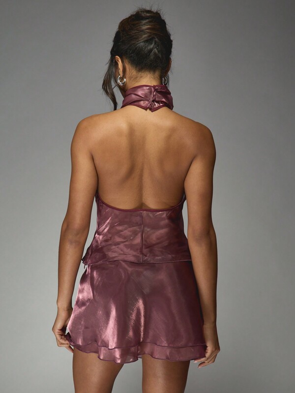 Missguided MISSGUIDED Metallic Satin Halter Top With Ruffled Mini Skirt