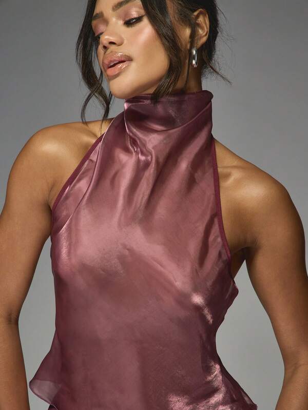 Missguided MISSGUIDED Metallic Satin Halter Top With Ruffled Mini Skirt
