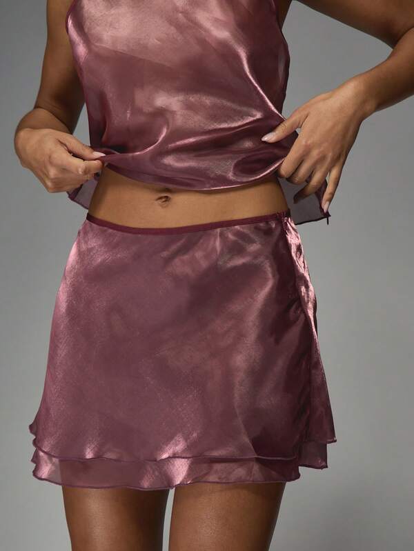Missguided MISSGUIDED Metallic Satin Halter Top With Ruffled Mini Skirt
