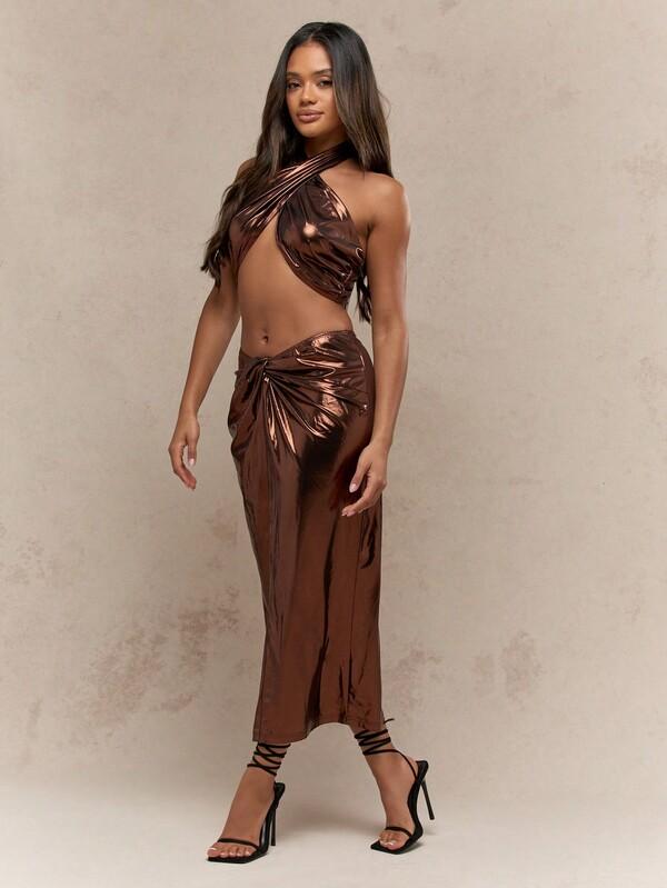 Missguided MISSGUIDED Metallic Shimmer Cross Halter Neck Super Crop Top With Wrap Pleat Detail Midi Skirt 2 Piece Set
