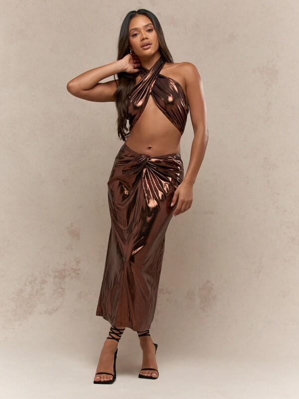 missguided MISSGUIDED Metallic Shimmer Cross Halter Neck Super Crop Top With Wrap Pleat Detail Midi Skirt 2 Piece Set