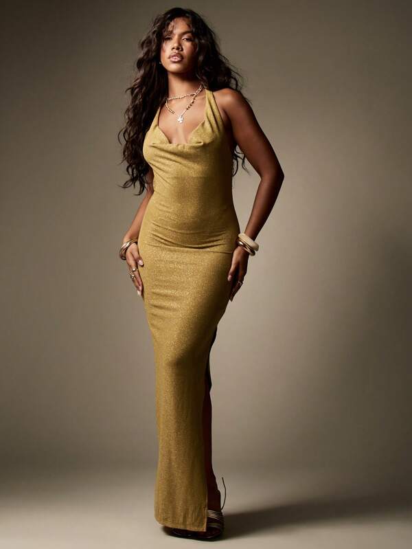 missguided MISSGUIDED Metallic Shimmer Halter Cowl Neck Form Fitting Maxi Dress