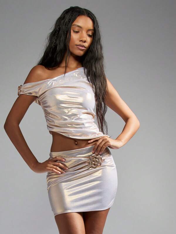 missguided MISSGUIDED Metallic Shimmer Off-Shoulder Mini Skirt Crop Top Co-Ord Set