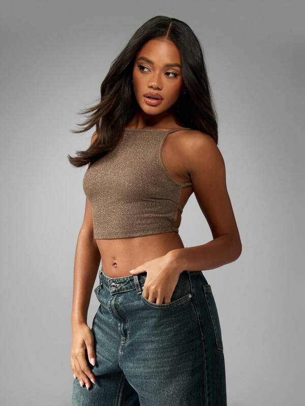 Missguided MISSGUIDED Metallic Shimmer Sleeveless Strappy Back Crop Top
