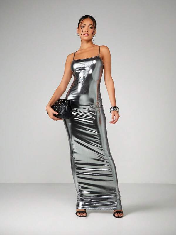 Missguided MISSGUIDED Metallic Spaghetti Strap Maxi Dress