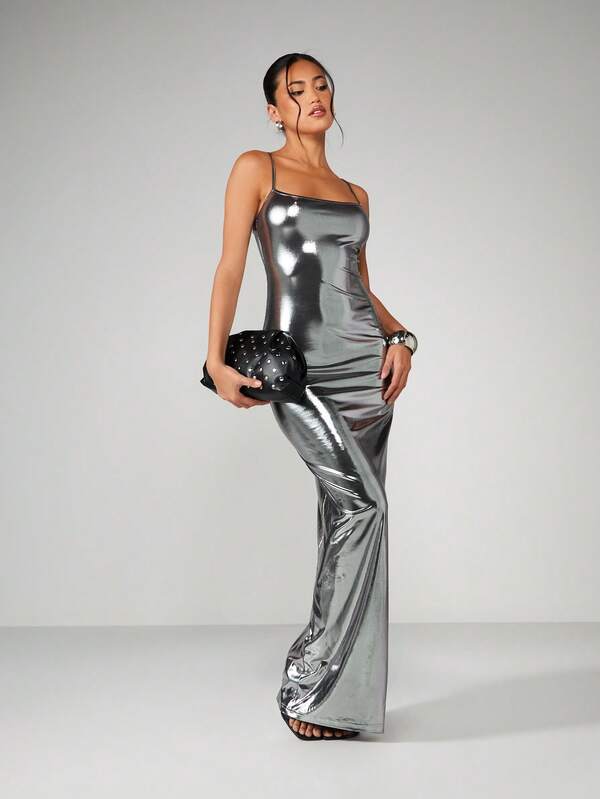 missguided MISSGUIDED Metallic Spaghetti Strap Maxi Dress
