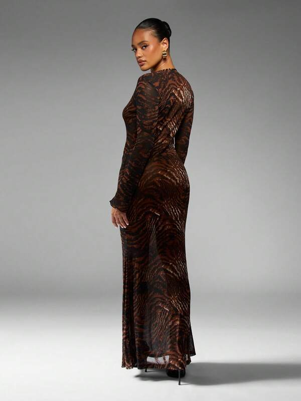 Missguided MISSGUIDED Metallic Tiger Print Mesh Maxi Dress With Long Sleeves