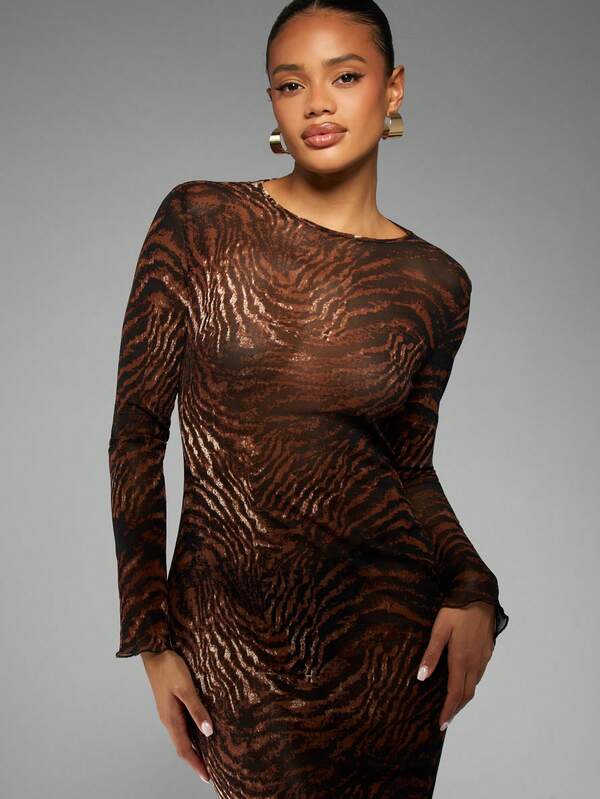 Missguided MISSGUIDED Metallic Tiger Print Mesh Maxi Dress With Long Sleeves