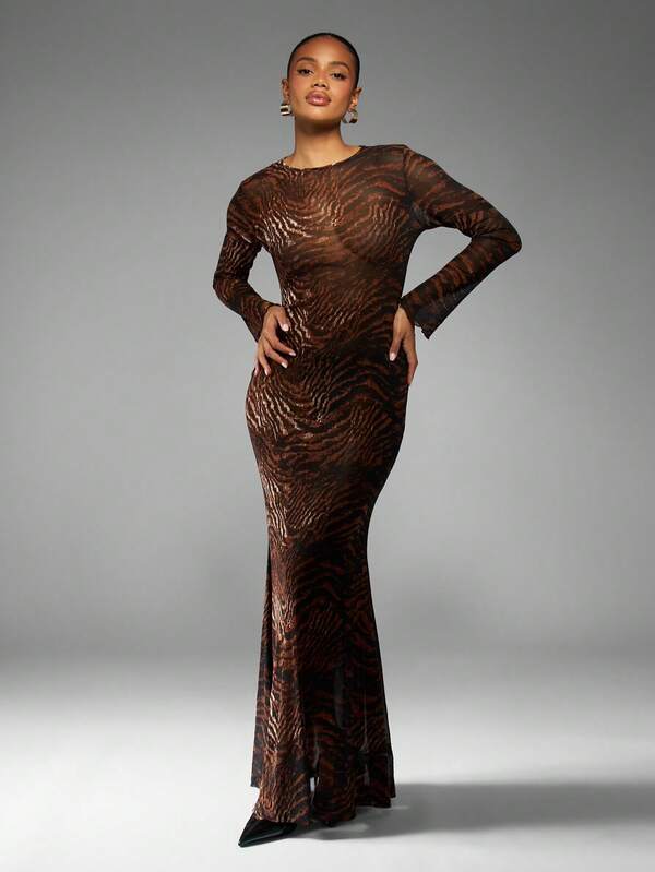 missguided MISSGUIDED Metallic Tiger Print Mesh Maxi Dress With Long Sleeves