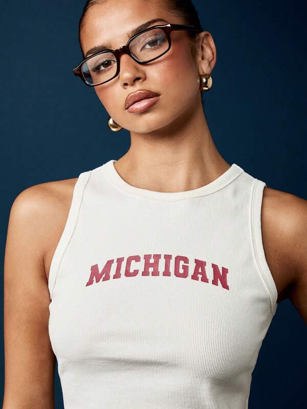 Missguided MISSGUIDED Michigan Logo Ribbed Crop Tank Top With Varsity Text