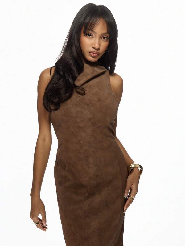 Missguided MISSGUIDED Midaxi Turtleneck Ribbed Knit Slim Fit Long Sleeve Long Dress