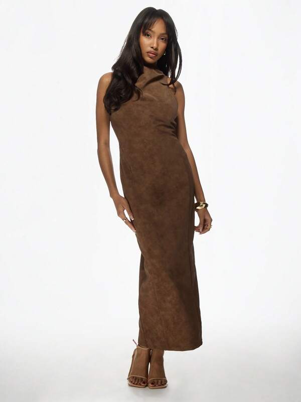 missguided MISSGUIDED Midaxi Turtleneck Ribbed Knit Slim Fit Long Sleeve Long Dress