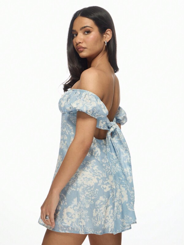 Missguided MISSGUIDED Milkmaid Bardot Floral Print Puff Sleeve Mini Dress