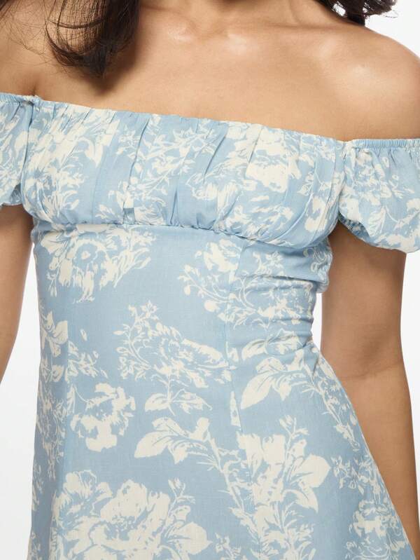 Missguided MISSGUIDED Milkmaid Bardot Floral Print Puff Sleeve Mini Dress