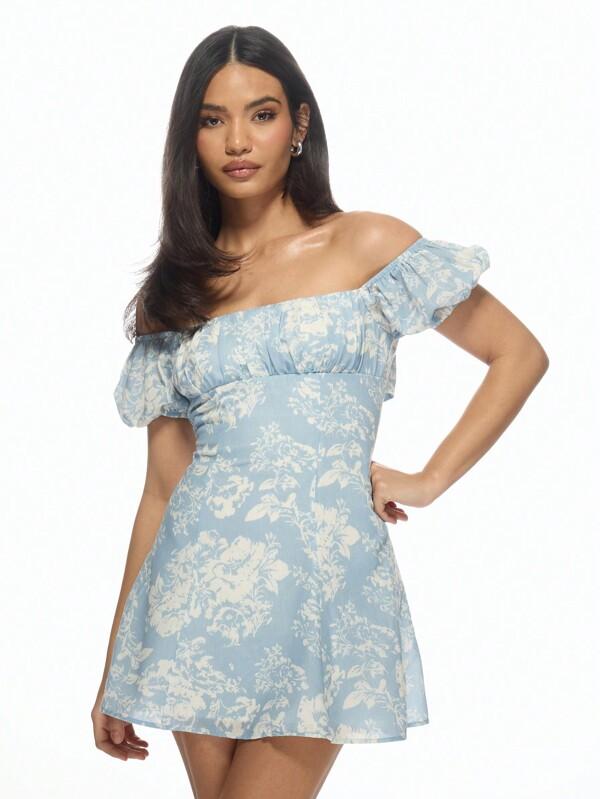 missguided MISSGUIDED Milkmaid Bardot Floral Print Puff Sleeve Mini Dress