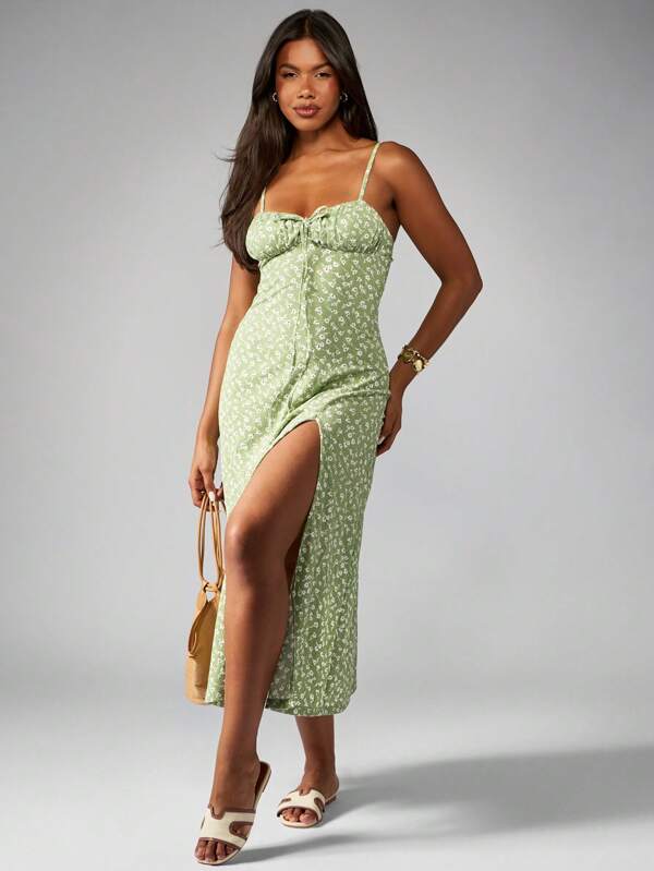 Missguided MISSGUIDED Milkmaid Bustier Floral Print Slit Midi Dress