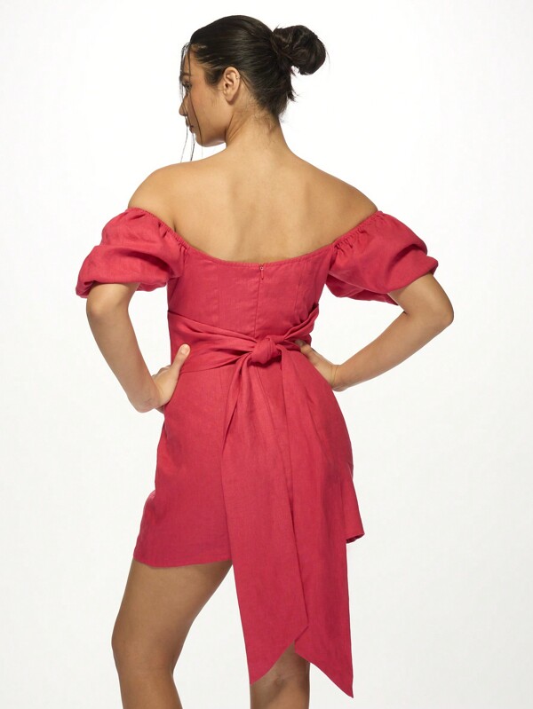 Missguided MISSGUIDED Milkmaid Off-Shoulder Puff Sleeve Bow Back Linen Mini Dress