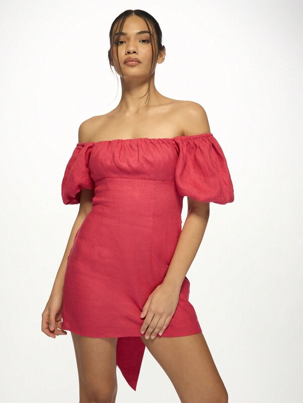 missguided MISSGUIDED Milkmaid Off-Shoulder Puff Sleeve Bow Back Linen Mini Dress