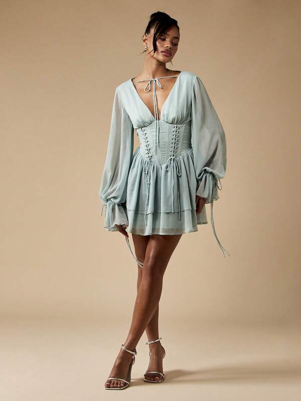 Missguided MISSGUIDED Milkmaid Puff Sleeve Corset Back Women Mini Dress