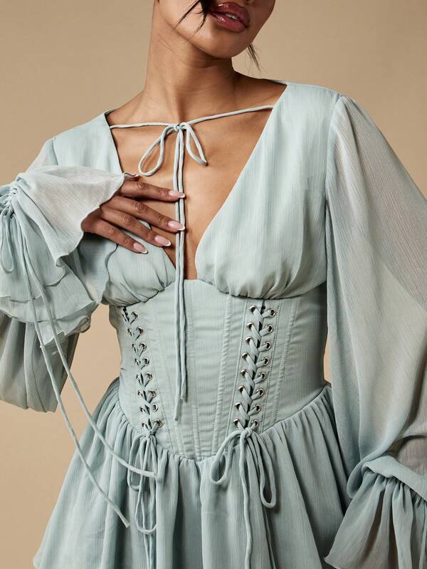 Missguided MISSGUIDED Milkmaid Puff Sleeve Corset Back Women Mini Dress