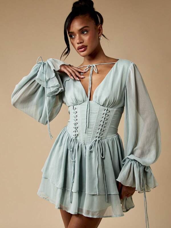 missguided MISSGUIDED Milkmaid Puff Sleeve Corset Back Women Mini Dress