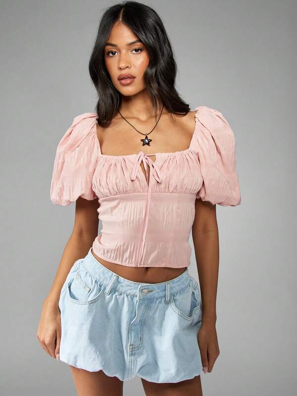 Missguided MISSGUIDED Milkmaid Puff Sleeve Corset Style Square Neck Crop Top