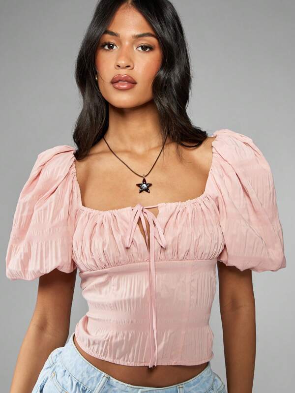 missguided MISSGUIDED Milkmaid Puff Sleeve Corset Style Square Neck Crop Top