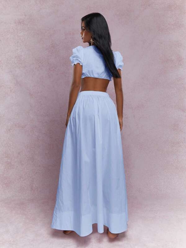 Missguided MISSGUIDED Milkmaid Puff Sleeve Crop Top High Waist Maxi Skirt Two Piece Outfit