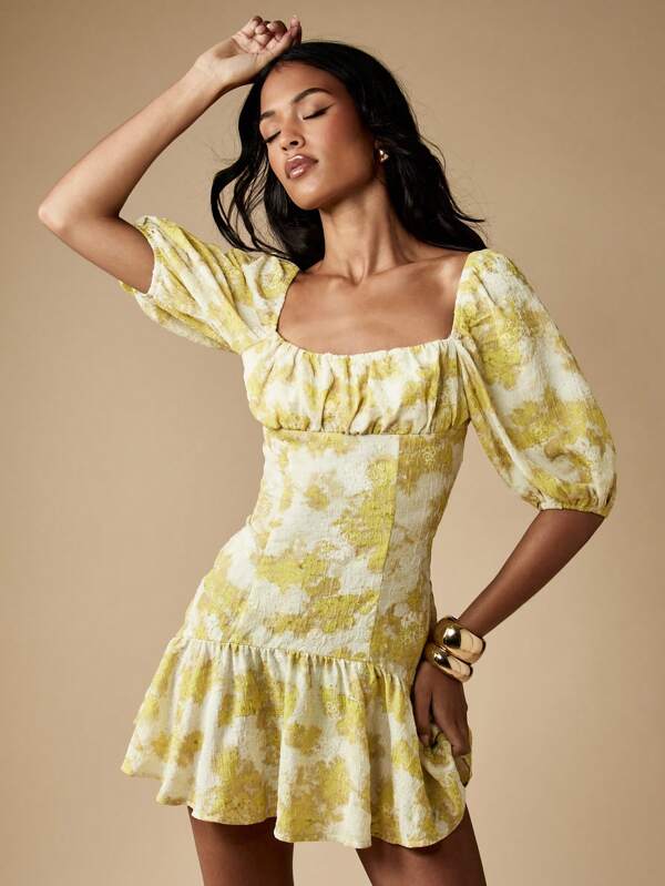 missguided MISSGUIDED Milkmaid Puff Sleeve Empire Drop Waist Floral Mini Dress