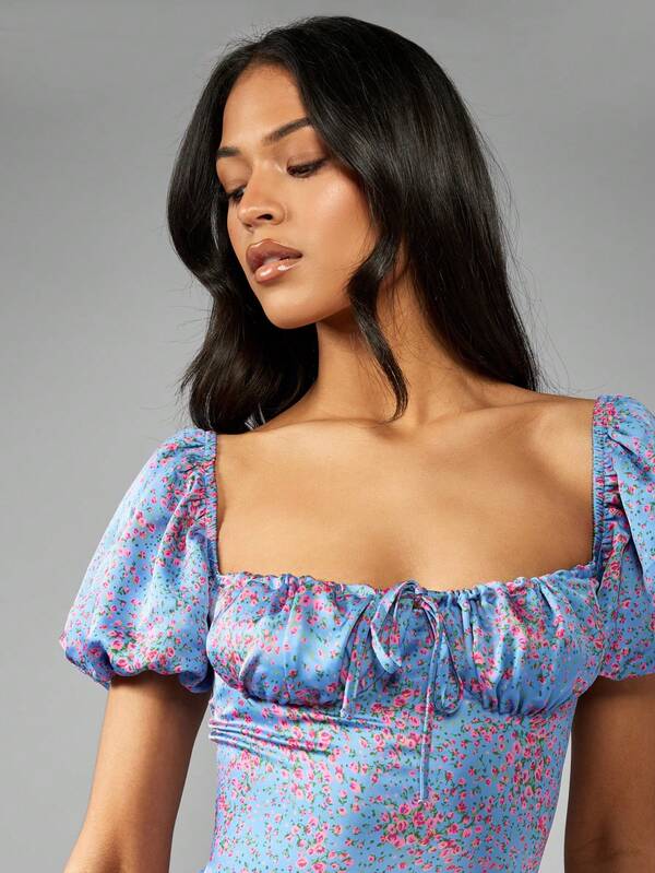 Missguided MISSGUIDED Milkmaid Puff Sleeve Mini Dress With Floral Print