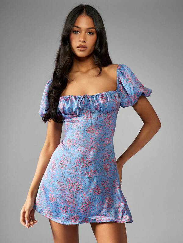 missguided MISSGUIDED Milkmaid Puff Sleeve Mini Dress With Floral Print