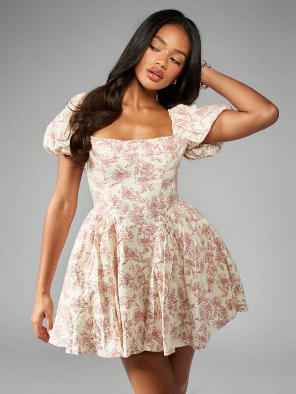 Missguided MISSGUIDED Milkmaid Puff Sleeve Skater Mini Dress
