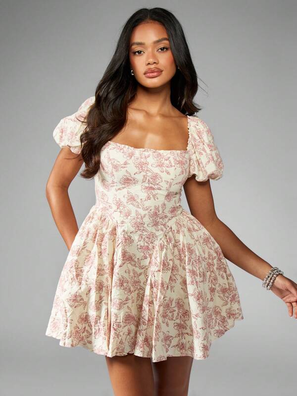 missguided MISSGUIDED Milkmaid Puff Sleeve Skater Mini Dress