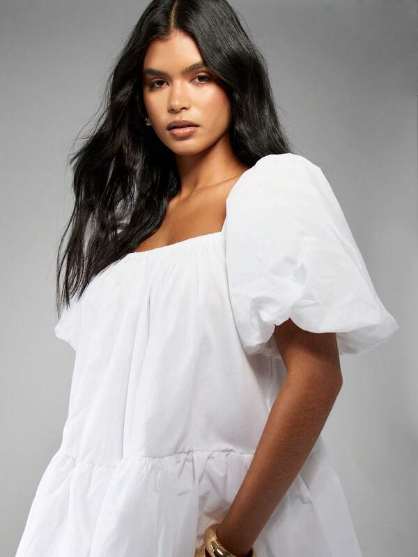 Missguided MISSGUIDED Milkmaid Puff Sleeve Square Neck Smock Mini Dress