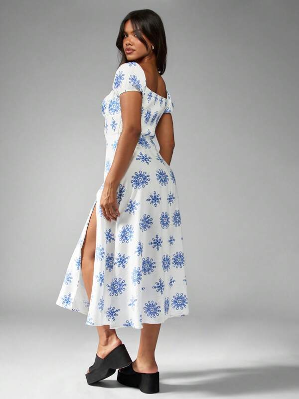 Missguided MISSGUIDED Milkmaid Sweetheart Neckline Puff Sleeve Midi Dress