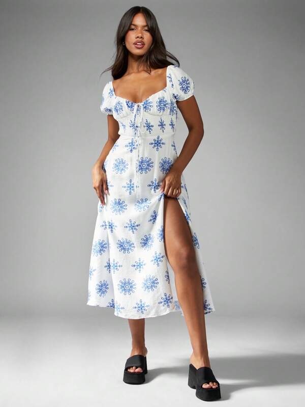 missguided MISSGUIDED Milkmaid Sweetheart Neckline Puff Sleeve Midi Dress