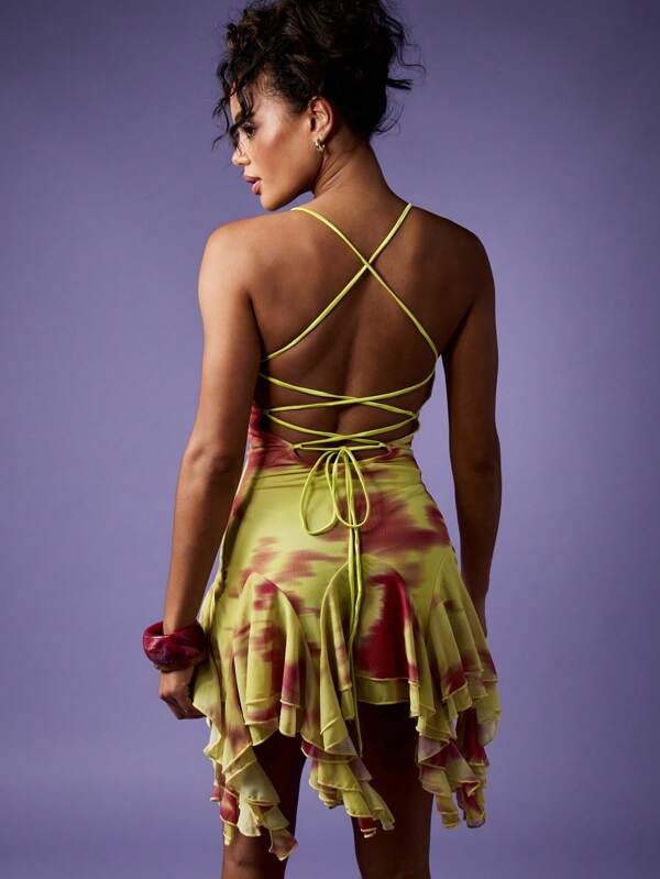 Missguided MISSGUIDED Mini Dress Asymmetric Ruffle Hem Lace Up Back Butterfly Rhinestone