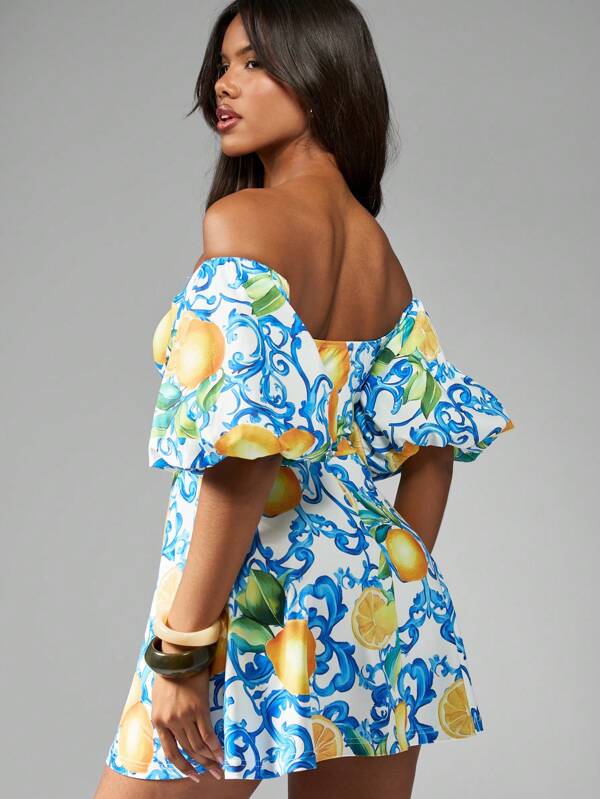 Missguided MISSGUIDED Mini Dress Balloon Sleeve Off-Shoulder Mediterranean Lemon Print A-Line