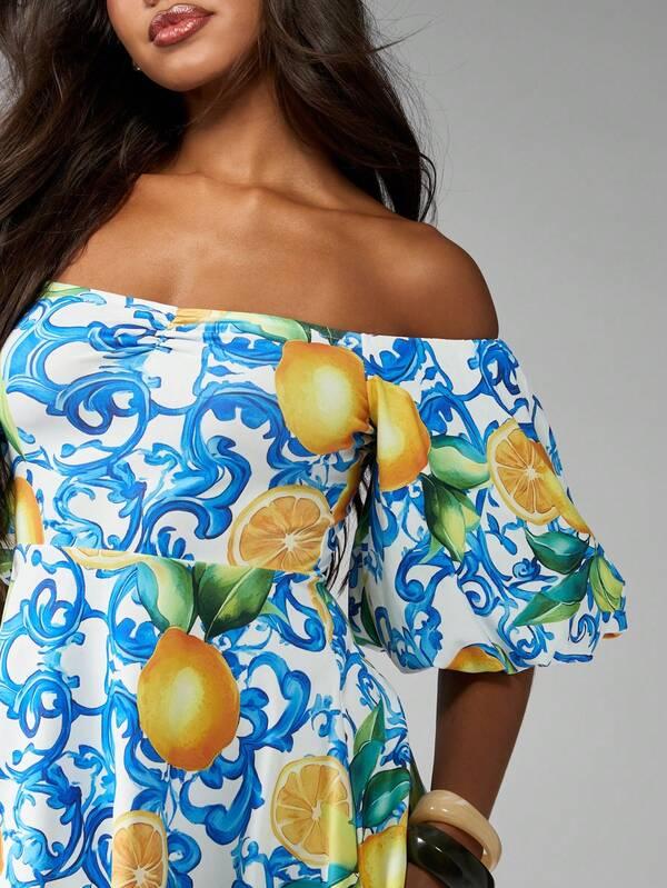 Missguided MISSGUIDED Mini Dress Balloon Sleeve Off-Shoulder Mediterranean Lemon Print A-Line