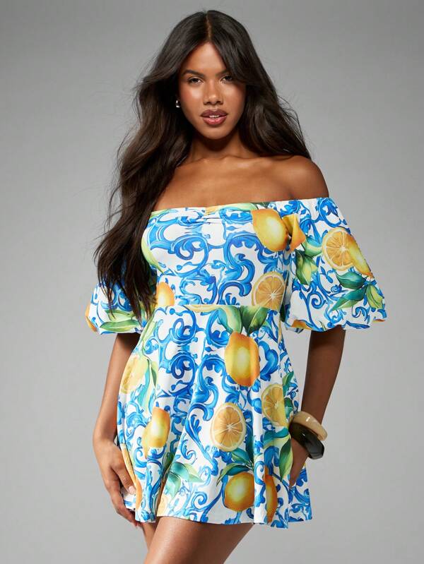 missguided MISSGUIDED Mini Dress Balloon Sleeve Off-Shoulder Mediterranean Lemon Print A-Line