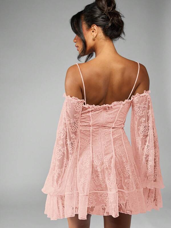 Missguided MISSGUIDED Mini Dress Features Ruffled Lace Balloon Sleeves And Bardot Neckline