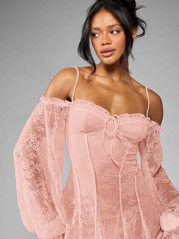 Missguided MISSGUIDED Mini Dress Features Ruffled Lace Balloon Sleeves And Bardot Neckline