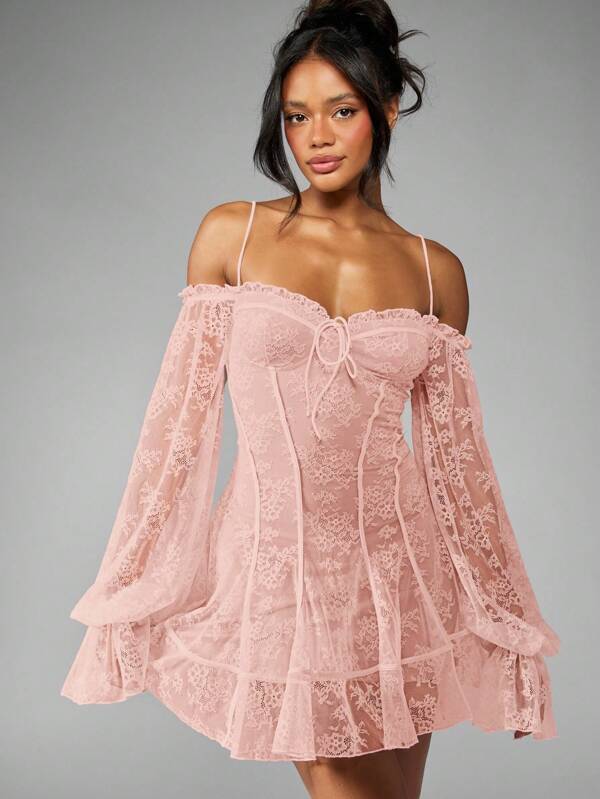 missguided MISSGUIDED Mini Dress Features Ruffled Lace Balloon Sleeves And Bardot Neckline