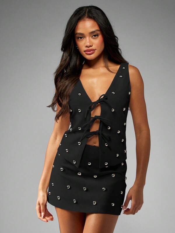 Missguided MISSGUIDED Mini Skirt With Silver Studs And Side Cutouts