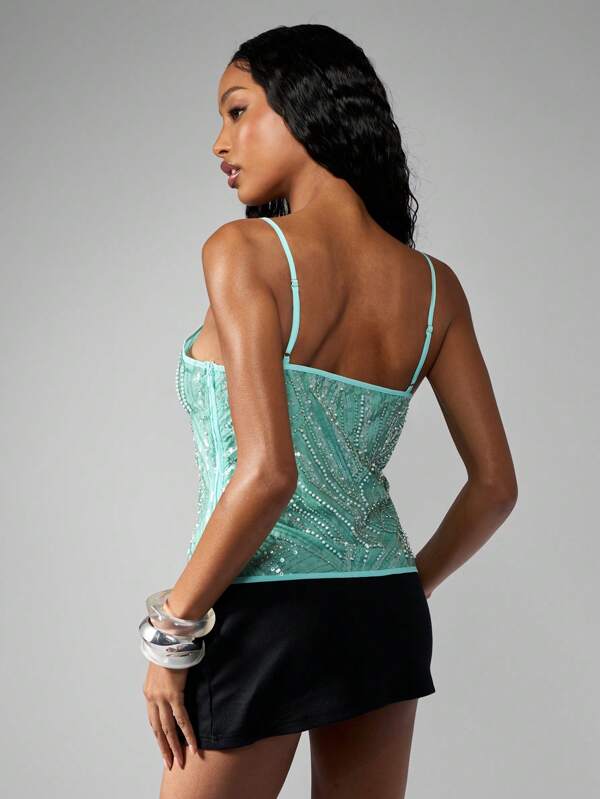 Missguided MISSGUIDED Mint Green Sequin Beaded Sparkly Camisole