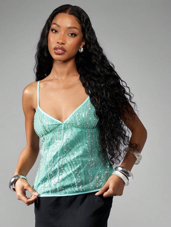 Missguided MISSGUIDED Mint Green Sequin Beaded Sparkly Camisole