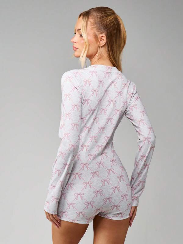 Missguided MISSGUIDED Bow Print Long Sleeve Romper