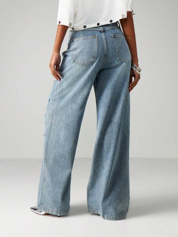 Missguided MISSGUIDED Gem Detail Wide Leg Jeans