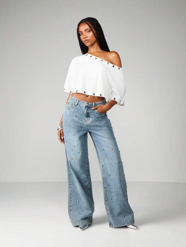 Missguided MISSGUIDED Gem Detail Wide Leg Jeans