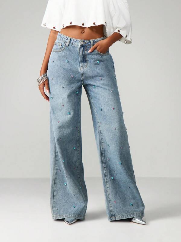 missguided MISSGUIDED Gem Detail Wide Leg Jeans